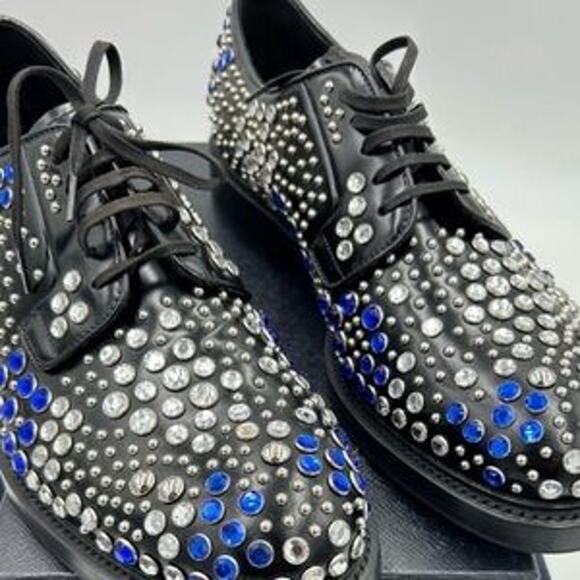 Men's Prada, black leather derby, shoes with studs and rhinestones size 11 I - Picture 2 of 12